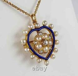 Victorian Style 925 sterling silver CZ Pearl Royal Blue Heart Brooch/Pendant