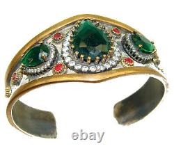 Victorian Style Created Emerald & White Topaz Sterling Silver Bracelet / Cuf