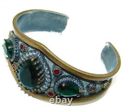 Victorian Style Created Emerald & White Topaz Sterling Silver Bracelet / Cuf
