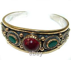 Victorian Style Created Ruby & Emerald Sterling Silver Bracelet / Cuff