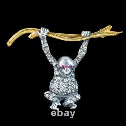 Victorian Style Diamond Orangutan Bar Brooch Silver 18ct Gold Ruby Eyes