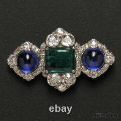 Victorian Style Emerald Intaglio, Round CZ Cabochon Jewelry Brooch 925 Silver