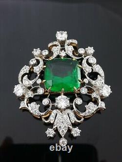 Victorian Style Lapel Pin 925 Fine Silver Syn Emerald Statement Cocktail Jewelry