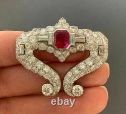 Victorian Style Lapel Pin Fine Silver Lab Created Ruby CZ Luxury Auction Jewelry