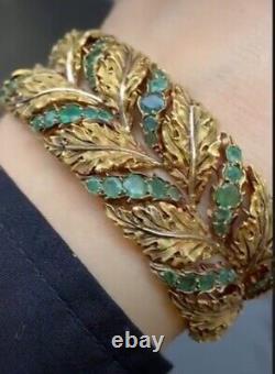 Victorian Style Leaf Bangle for Women 925 Sterling Silver with Emerald Vinta