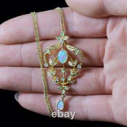 Victorian Style Opal Floral Pendant Necklace Silver 18ct Gold Gilt