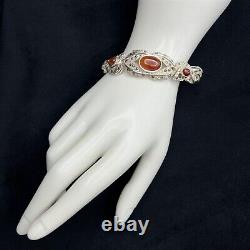 Victorian Style Ornate Carnelian Marcasite Sterling Silver 8.25 Chain Bracelet