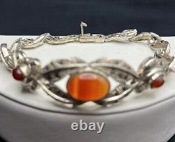 Victorian Style Ornate Carnelian Marcasite Sterling Silver 8.25 Chain Bracelet