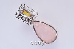 Victorian Style Rose Quartz Gemstone Drop Pendant 925 Sterling Silver Jewelry