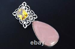 Victorian Style Rose Quartz Gemstone Drop Pendant 925 Sterling Silver Jewelry