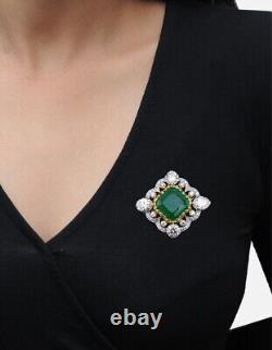 Victorian Style Syn Emerald Brooch 925 Fine Silver Ambani Wedding Wear Jewellery