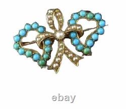Victorian Style Turquoise And Pearl 925 sterling silver double heart bow brooch