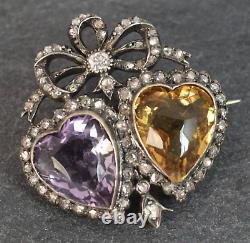 Victorian Style rose cut diamond 925 sterling silver vintage bow heart' brooch