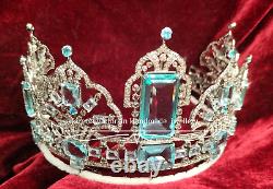 Victorian style 925 silver rose cut diamond Brazilian Aquamarine Tiara, Crown