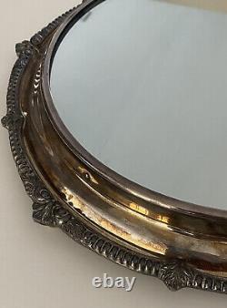 Vintage Silver Plated Victorian Style Ornate Floral Round Plateau Vanity Mirror