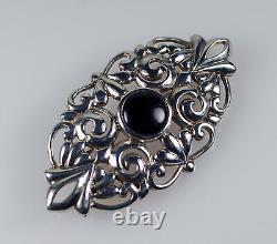 Vintage Solid Sterling Silver Onyx Victorian Style Ornate Oval Pin Brooch