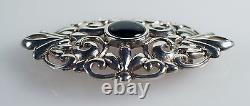Vintage Solid Sterling Silver Onyx Victorian Style Ornate Oval Pin Brooch