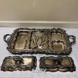 Vtg. Large Victorian Style Ornate Footed Silver Plate Serving Tray With Covers