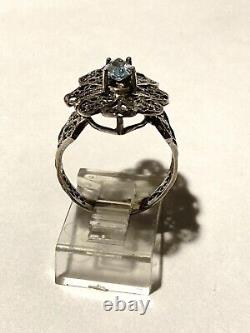 Woman's Victorian Style Blue Topaz Filigree Ring Sterling Silver Fine Jewelry