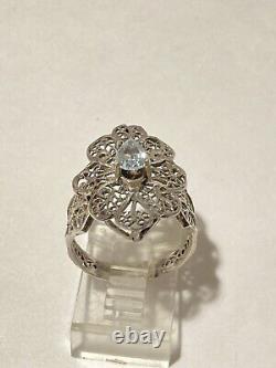 Woman's Victorian Style Blue Topaz Filigree Ring Sterling Silver Fine Jewelry