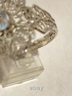 Woman's Victorian Style Blue Topaz Filigree Ring Sterling Silver Fine Jewelry